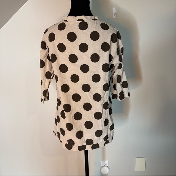 MISSLOOK Polka Dot Top Shirt 3/4 Length Sleeves Raw Hem Seams Cream Brown Small - Picture 8 of 10